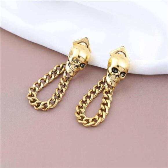 Punk Skull Chain Earrings | Gothic Skeleton Dangle & Tassel Drops - Picture 5 of 6